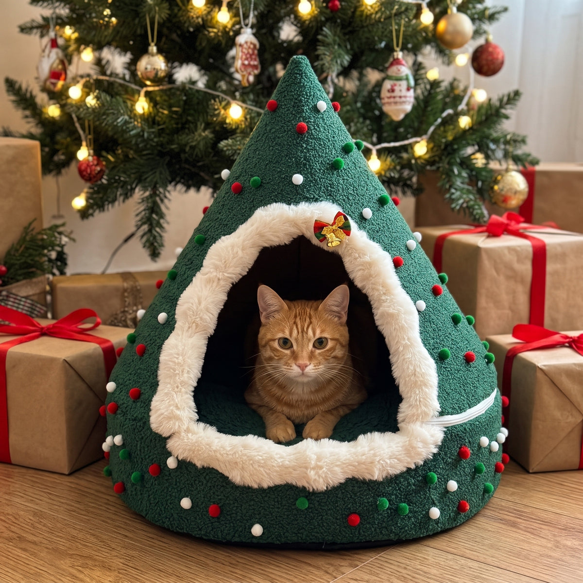 Gato dentro de la casa navideña en forma de árbol de Navidad
